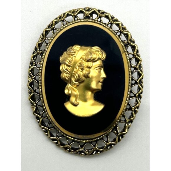 Vintage Cameo Brooch Black & Gold Oval Victorian Style Pin 2 inches - Picture 2 of 9